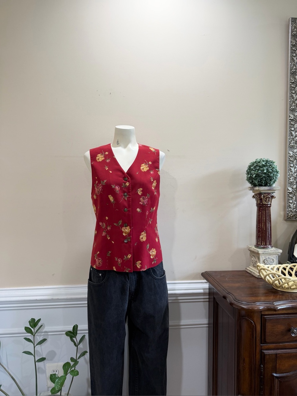 Mayson Grey Red Floral Button-Front Vest